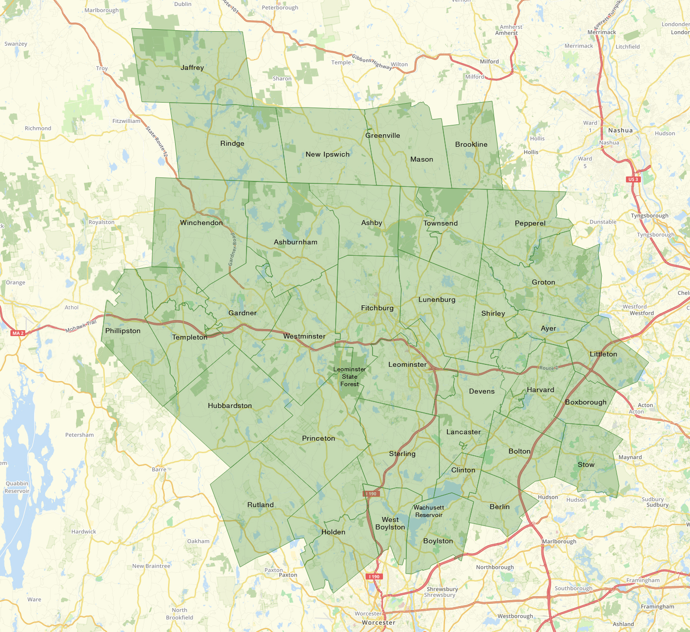 MyOil4Less Delivery Area Map covering North Central Massachusetts and Southern New Hampshire
